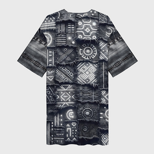 Женская длинная футболка Африканские узоры на пэчворк дениме / 3D-принт – фото 2