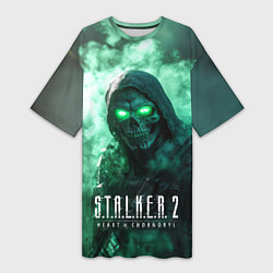 Футболка женская длинная Stalker 2 череп с зелеными глазами, цвет: 3D-принт