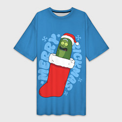 Футболка женская длинная Новогодний Рик огурчик - Merry Rickmas, цвет: 3D-принт