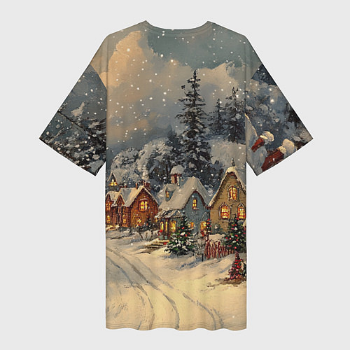 Женская длинная футболка Новогодние зимние домики / 3D-принт – фото 2