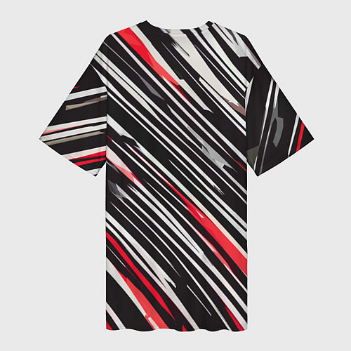 Женская длинная футболка Диагональные красно-белые полосы на чёрном фоне / 3D-принт – фото 2