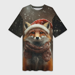 Футболка женская длинная Лисица в новогодней шапочке, цвет: 3D-принт