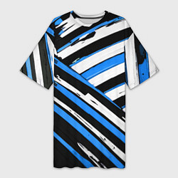Футболка женская длинная Бело-синие диагональные полосы на чёрном фоне, цвет: 3D-принт