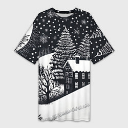 Женская длинная футболка Новый год в черно-белом стиле