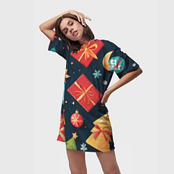 Футболка женская длинная Новогодние подарки и шарики, цвет: 3D-принт — фото 2