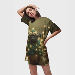 Футболка женская длинная Новогодний мопс - елка, цвет: 3D-принт — фото 2