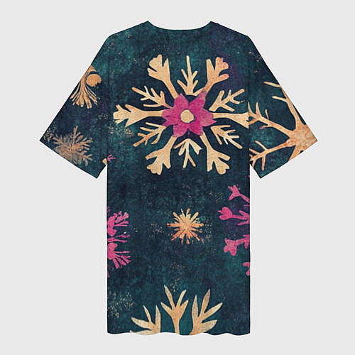 Женская длинная футболка Новогодние разноцветные снежинки / 3D-принт – фото 2