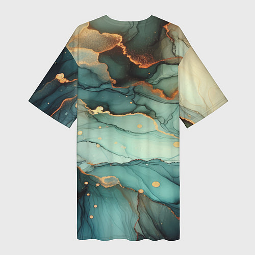 Женская длинная футболка Бирюзовый узор с оранжевыми вставками / 3D-принт – фото 2