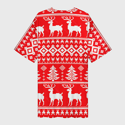 Женская длинная футболка Новогодние мотивы елки и олени на красном / 3D-принт – фото 2