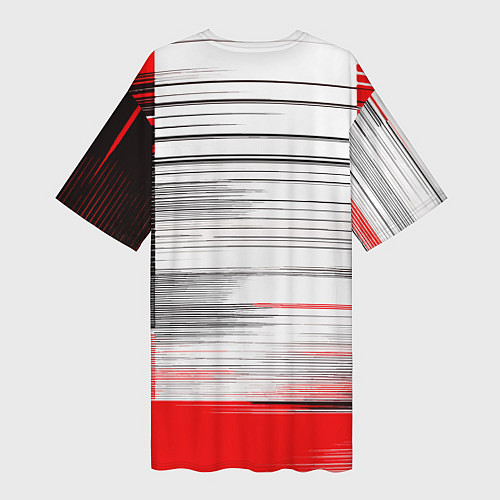 Женская длинная футболка Чёрные вертикальные полосы на красно-белом фоне / 3D-принт – фото 2