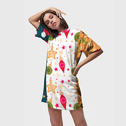 Футболка женская длинная Новогодние паттерны комбинация, цвет: 3D-принт — фото 2