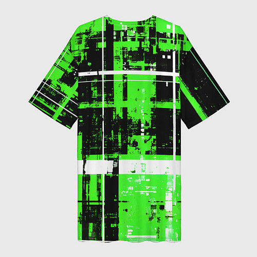 Женская длинная футболка Зелёно-белый гранж на чёрном фоне / 3D-принт – фото 2