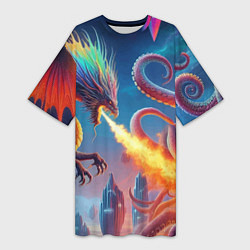 Женская длинная футболка Огнедышащий дракон против осьминога - нейроарт фан