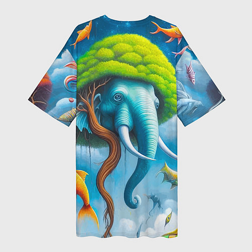 Женская длинная футболка Сюрреализм со слоном и рыбами - нейроарт фантазия / 3D-принт – фото 2