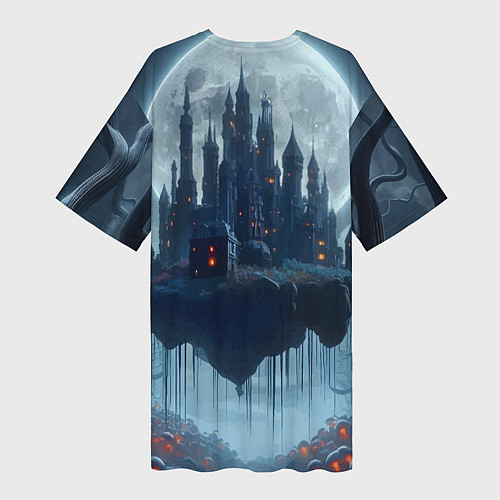 Женская длинная футболка Замок Дракулы и неоновые грибы - нейроарт фантазия / 3D-принт – фото 2
