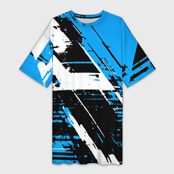 Футболка женская длинная Diagonal black and white stripes on a blue backgro, цвет: 3D-принт