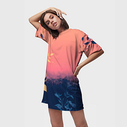 Футболка женская длинная Листья на сине-розовом фоне - нейросеть, цвет: 3D-принт — фото 2