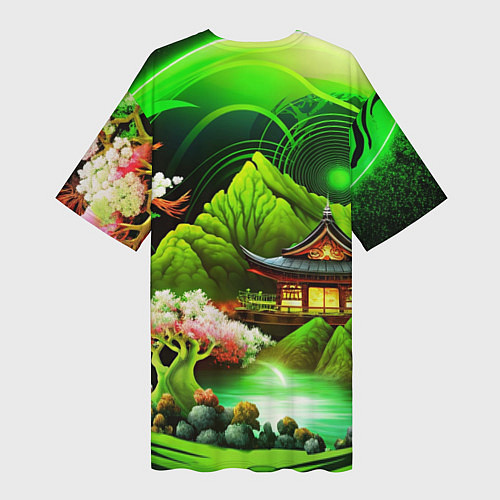 Женская длинная футболка Природа Японии в зеленых цветах / 3D-принт – фото 2