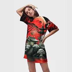 Футболка женская длинная Пейзаж Японии в красном цвете, цвет: 3D-принт — фото 2