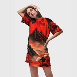 Футболка женская длинная Япония природа в красном цвете, цвет: 3D-принт — фото 2