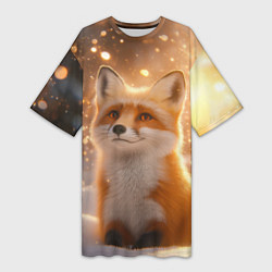 Футболка женская длинная Рыжая лисичка в снежном лесу, цвет: 3D-принт