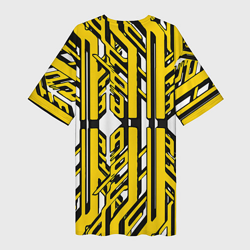 Женская длинная футболка Чёрно-жёлтые техно полосы на белом фоне / 3D-принт – фото 2