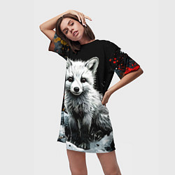Футболка женская длинная Песец на черном, цвет: 3D-принт — фото 2