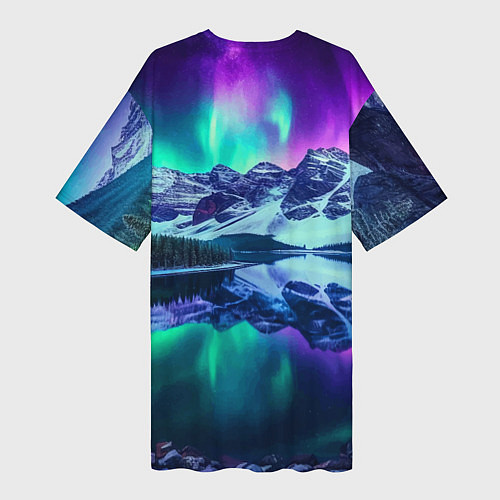 Женская длинная футболка Северное сияние над горами - неоновое свечение / 3D-принт – фото 2