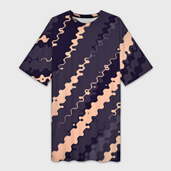 Женская длинная футболка Фиолетовый с бежевым искажённые полосы