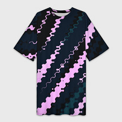 Футболка женская длинная Тёмно-синий с розовым искажённые полосы, цвет: 3D-принт