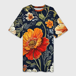 Футболка женская длинная Маки и пионы старинный паттерн, цвет: 3D-принт