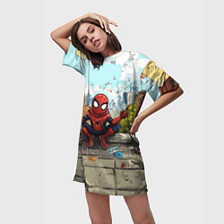 Футболка женская длинная Маленький человек-паук в городе, цвет: 3D-принт — фото 2