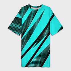 Женская длинная футболка Неоновый голубой с чёрным абстракция с полосами