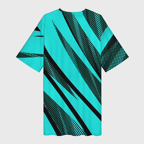 Женская длинная футболка Неоновый голубой с чёрным абстракция с полосами / 3D-принт – фото 2