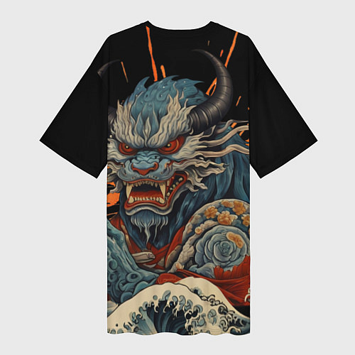 Женская длинная футболка Японский дракон и волны в стиле тату ирезуми / 3D-принт – фото 2