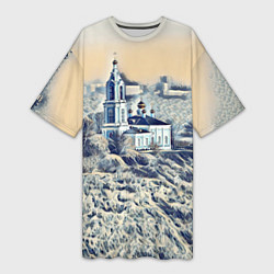 Футболка женская длинная Храм на фоне современного города, цвет: 3D-принт