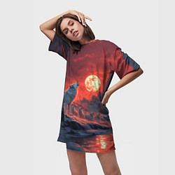 Футболка женская длинная Белый волк воет на луну, цвет: 3D-принт — фото 2