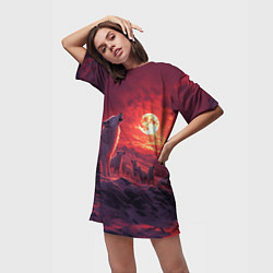 Футболка женская длинная Белый волк воет на луну, цвет: 3D-принт — фото 2