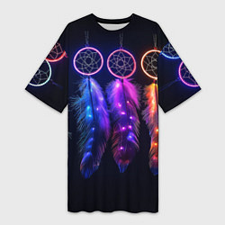 Женская длинная футболка Ловцы снов - свечение перьев