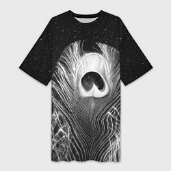 Футболка женская длинная Изогнутые белые перья павлина - чб иллюстрация, цвет: 3D-принт