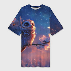 Футболка женская длинная Сова на фоне ночного неба, цвет: 3D-принт