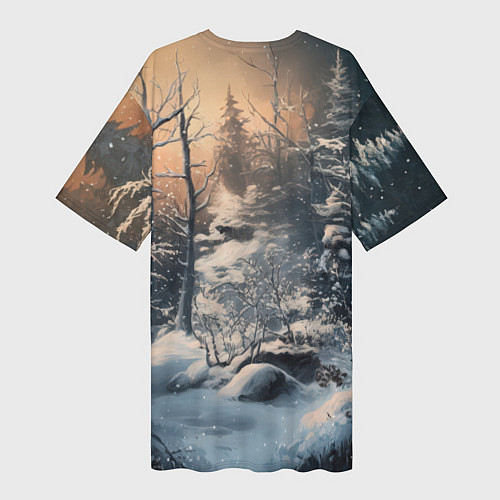 Женская длинная футболка Белый лисенок в зимнем лесу / 3D-принт – фото 2