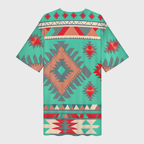 Женская длинная футболка Оранжево бирюзовый геометрический узор в стиле ацт / 3D-принт – фото 2