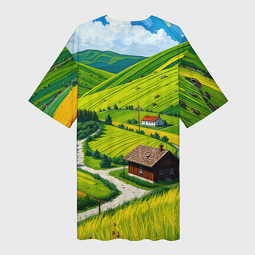 Женская длинная футболка Русская душа и поле / 3D-принт – фото 2