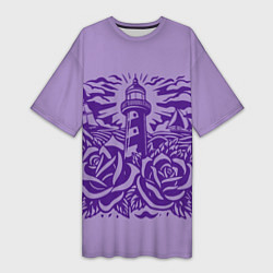 Футболка женская длинная Маяк с розами и корабли, цвет: 3D-принт