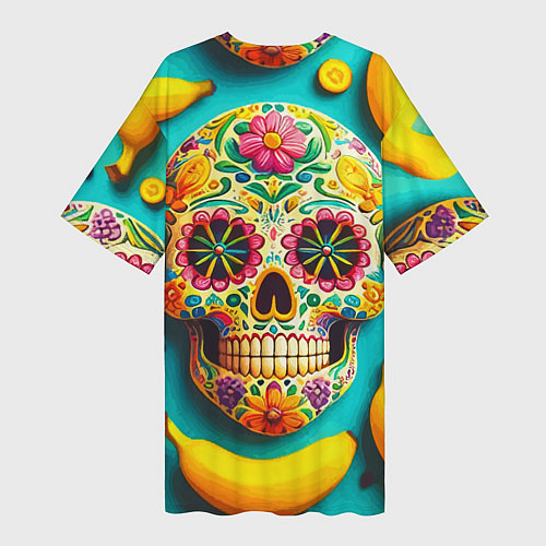 Женская длинная футболка Череп и бананы - летняя композиция / 3D-принт – фото 2