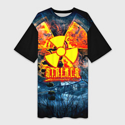 Футболка женская длинная Stalker огненное лого чернобыль, цвет: 3D-принт