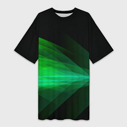 Женская длинная футболка Неоновая зеленая абстракция на черном фоне
