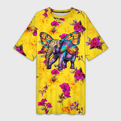 Футболка женская длинная Слон с крыльями бабочки на цветочном фоне, цвет: 3D-принт