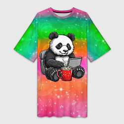 Футболка женская длинная Панда с кофе за ноутом, цвет: 3D-принт